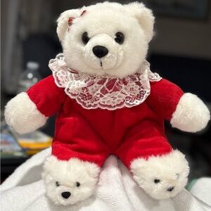 Vintage Holiday White Teddy Bear Red Outfit Lace Collar